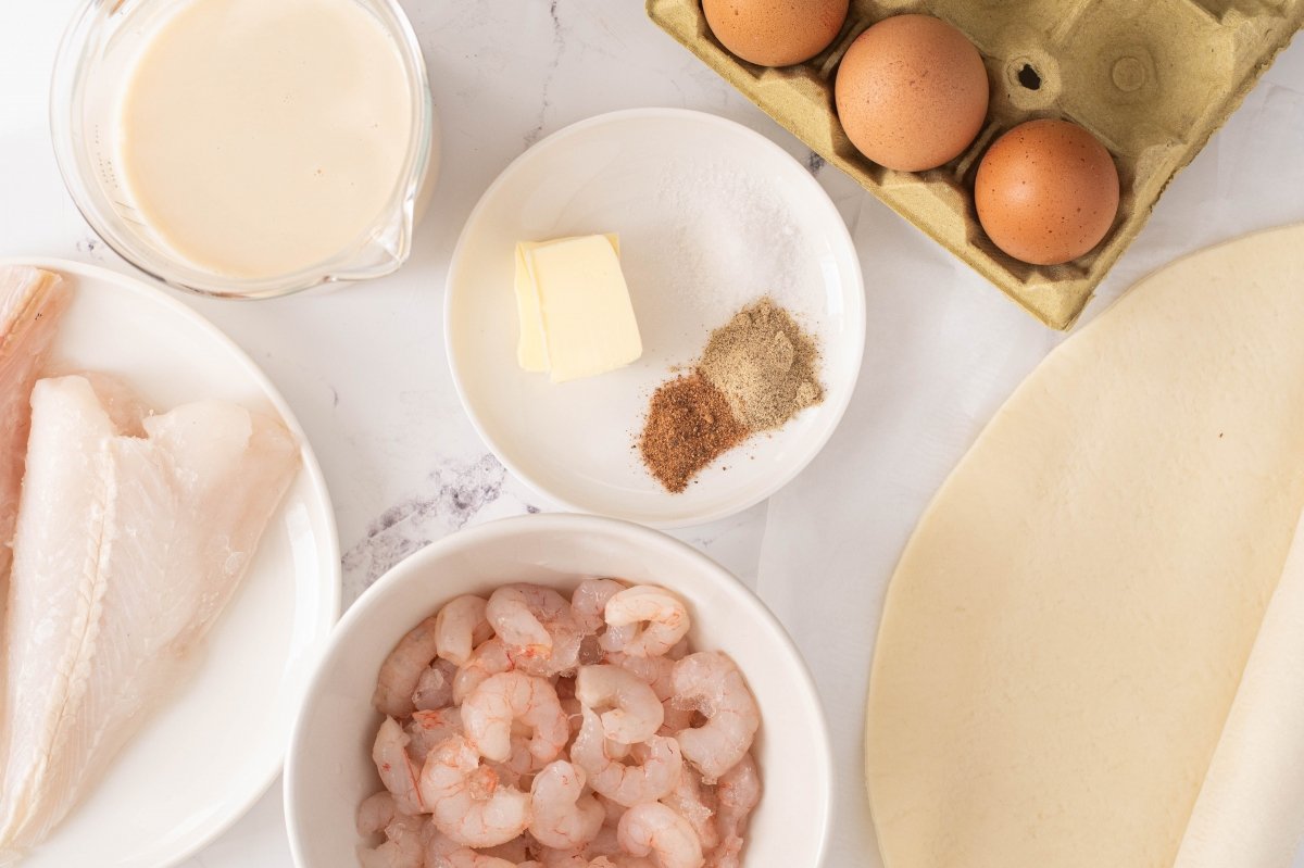 Ingredientes de la quiche de merluza y gambas