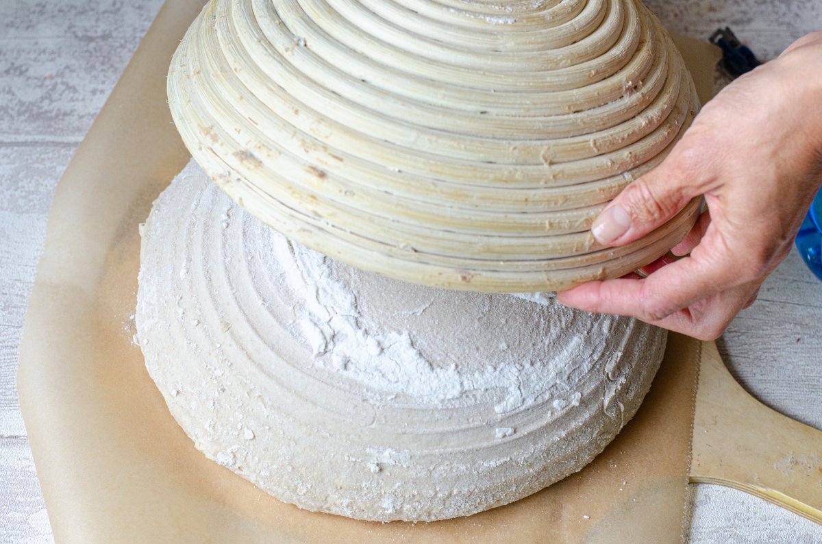 Volcando el pan de centeno fermentado en una bandeja